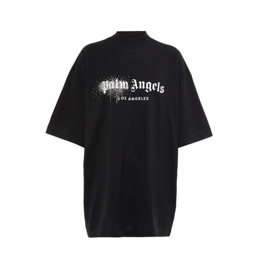Secret Sneaker Store Online Palm Angels Logo Print Crystal Embellished Black Tee (New) | Streetwear